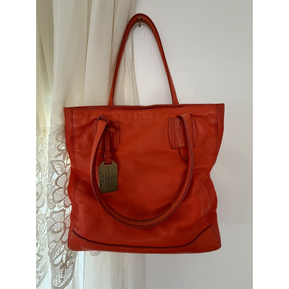 Lauren Ralph Lauren Tote Bag Womens Large Orange Pebbled Leather Zip Shoulder